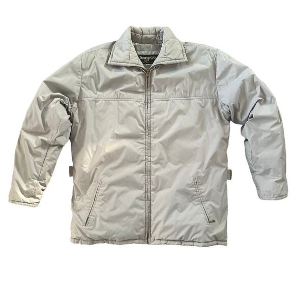 Vintage 80's Temco Goose Down Light Gray Coat Jacket with Foldable Hood Size L - Picture 1 of 10